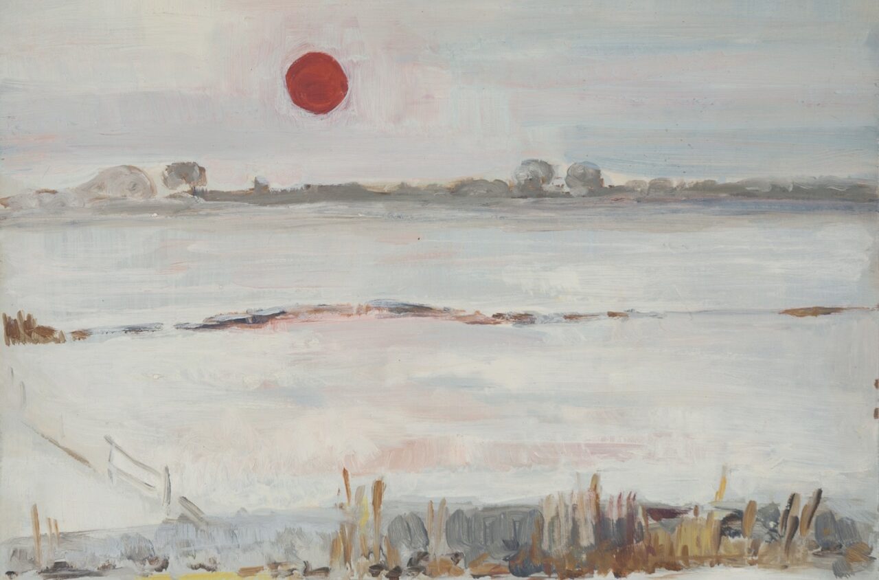 red winter sun with a white snow landscape painted by annemarie eilers